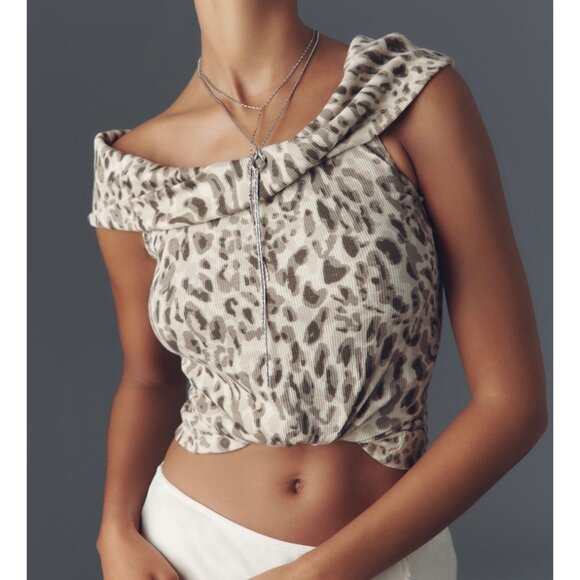 Pilcro Anthropologie Off-The-Shoulder Twist Rib Top Animal Print Size M Brown - Picture 3 of 9